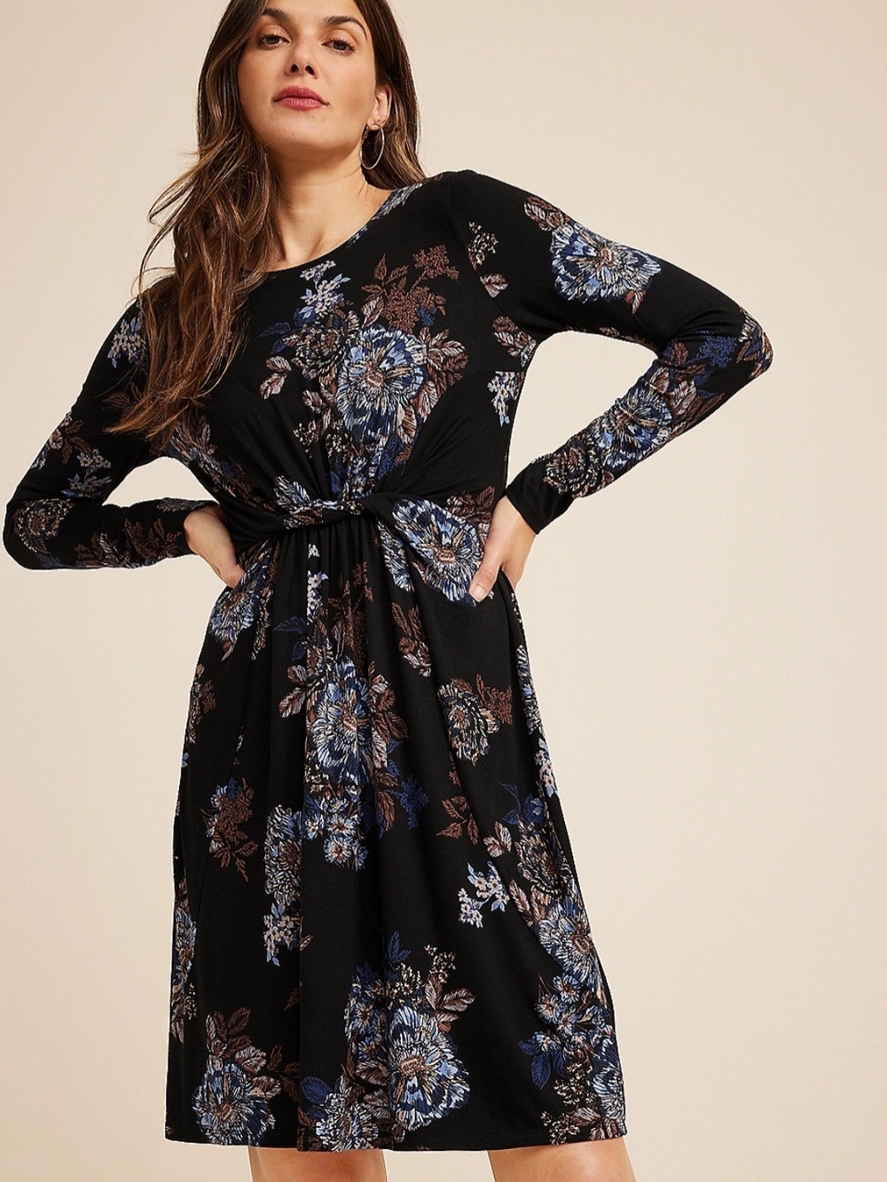 Maurices Floral Twist Front Dress Black Long Sleeve Casual Everyday Mini XXL